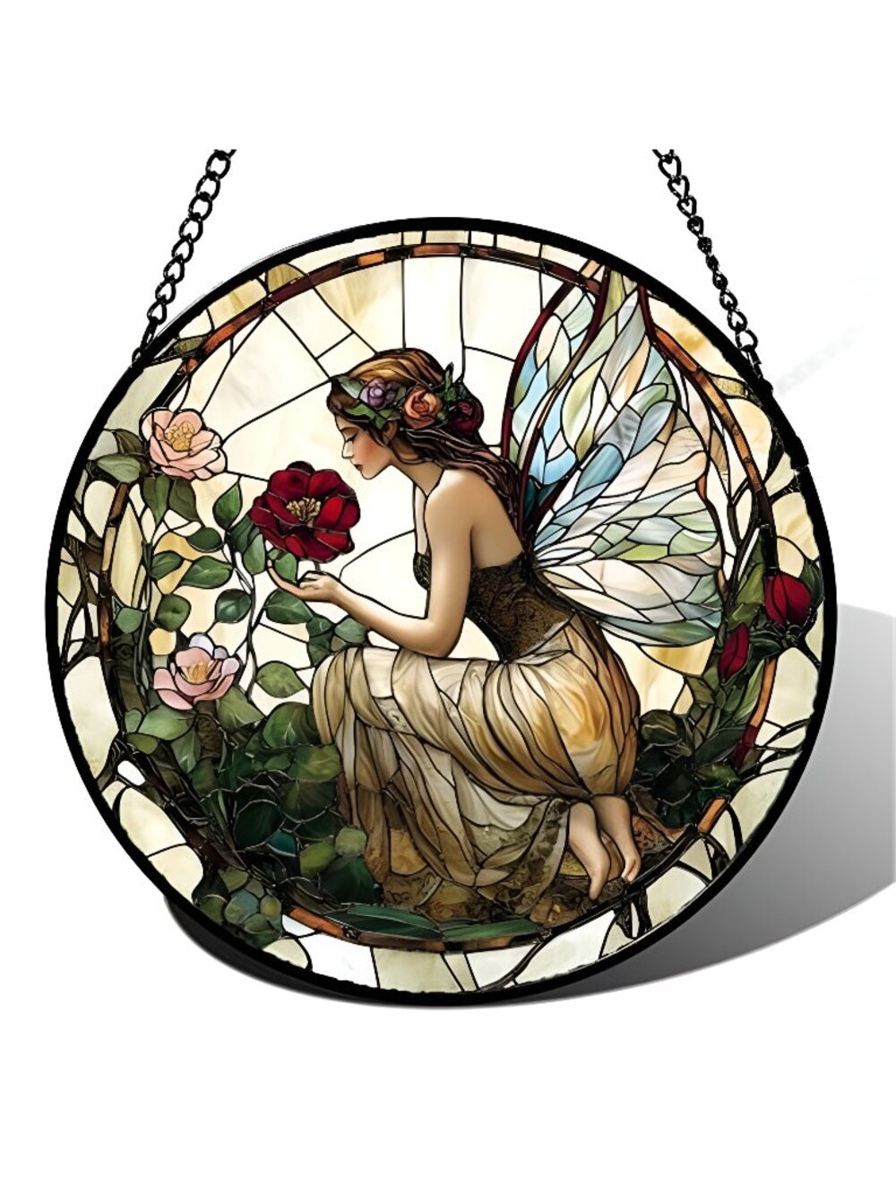 Stained Glass Window Hanging - Butterfly Flower Fairy Suncatcher for Door